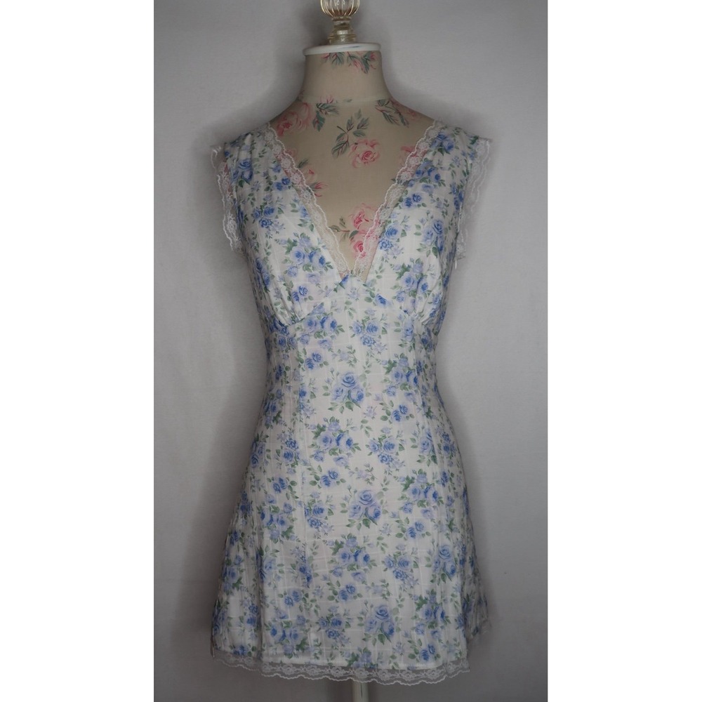 Sky to Moon Womens S Blue Floral Cotton Mini Dress Lace Trim Open Back Coquette